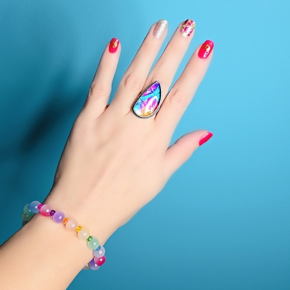 ❌SOLD❌️Dichroic Glass Art Ring Size 7.5 Hand Crafted 925 Sterling Silver Overlay - Picture 5 of 9